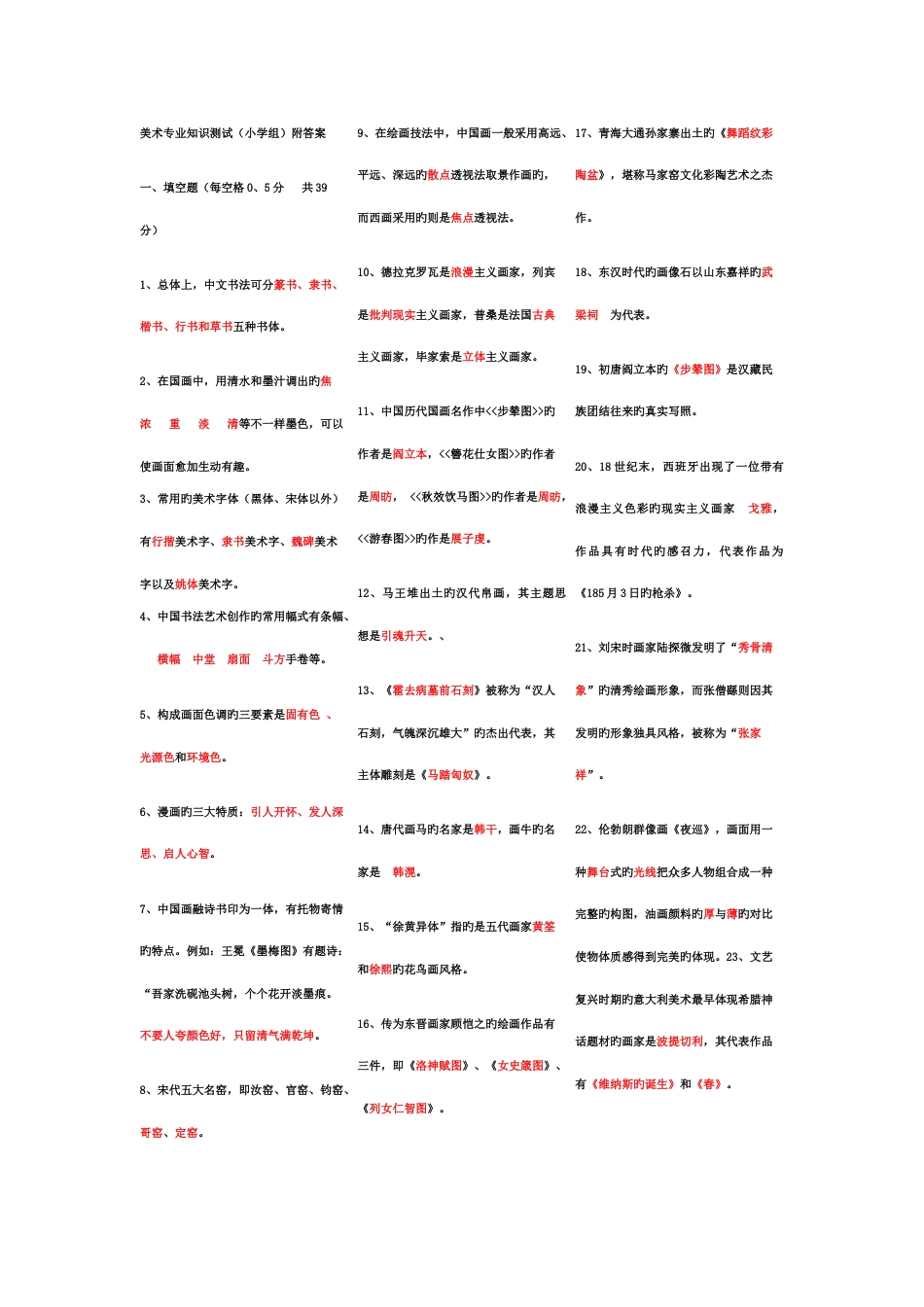 2023年小学美术教师考试专业知识测试及答案_第1页