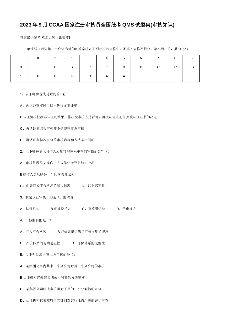 2023年CCAA质量审核员考试试卷_第1页