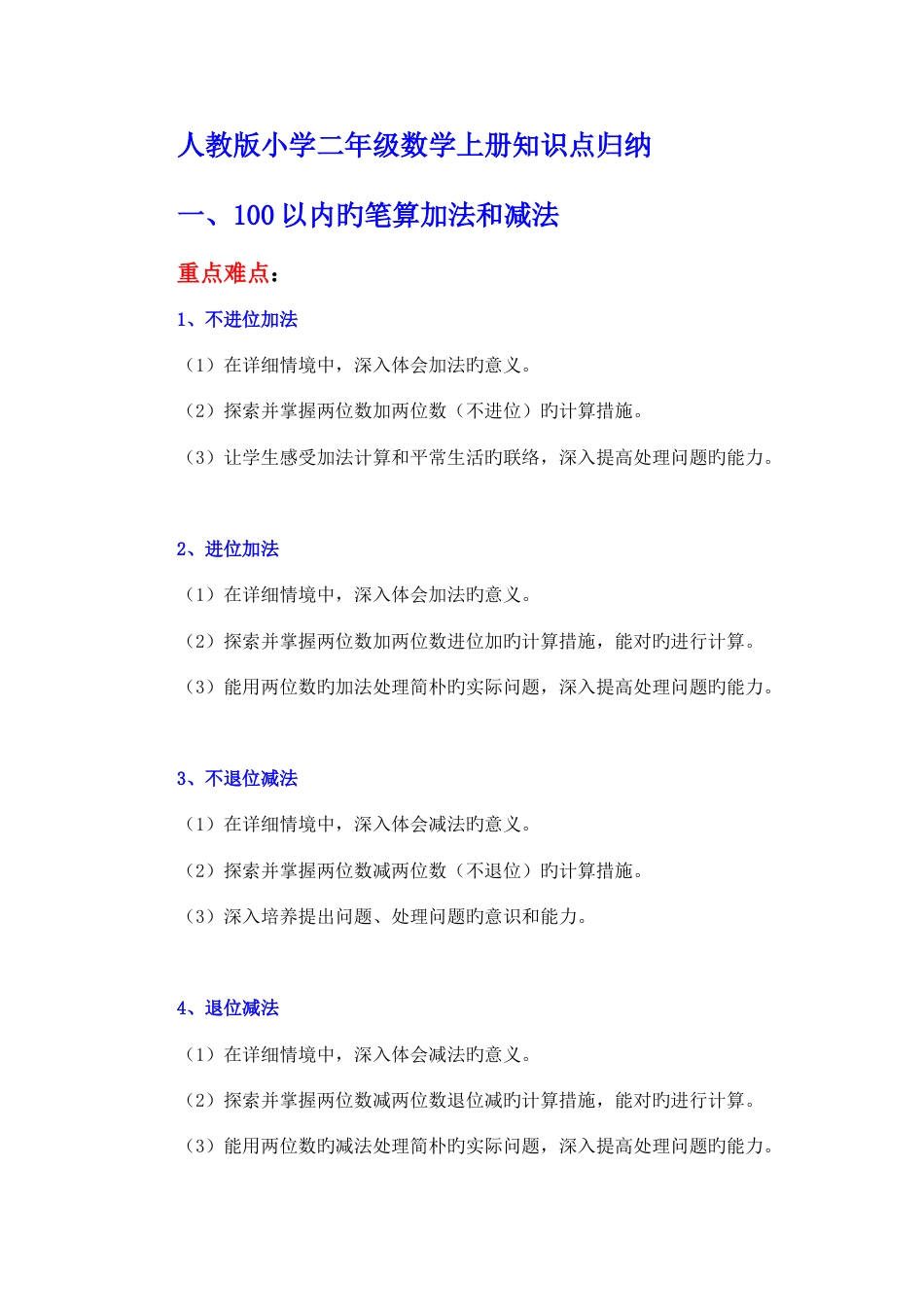 2023年人教版小学二年级数学上册知识点归纳_第1页