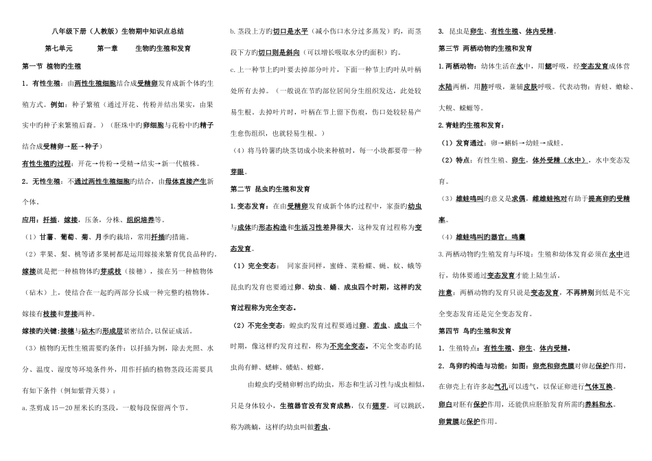 2023年人教版八年级下册生物期中考试知识点总结教师版_第1页
