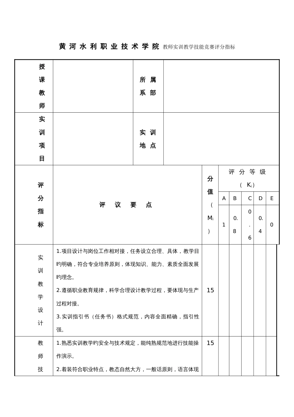 教师实践实训教学比赛评分指标表_第1页