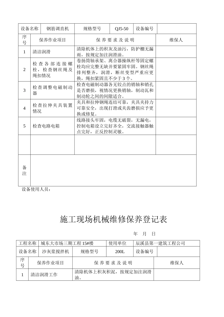 施工现场机械设备维修保养记录表_第2页