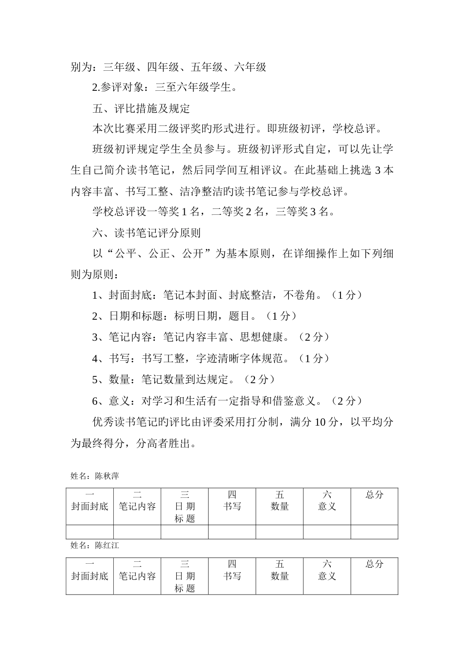 学生读书笔记评比实施方案_第2页