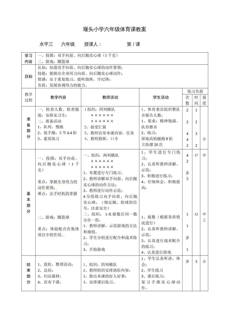2022年苏教版六年级体育全册教案_第1页