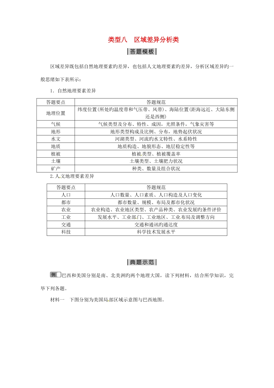 高考地理二轮复习特色专项训练第部分非选择题突破模板类型八区域差异分析类_第1页