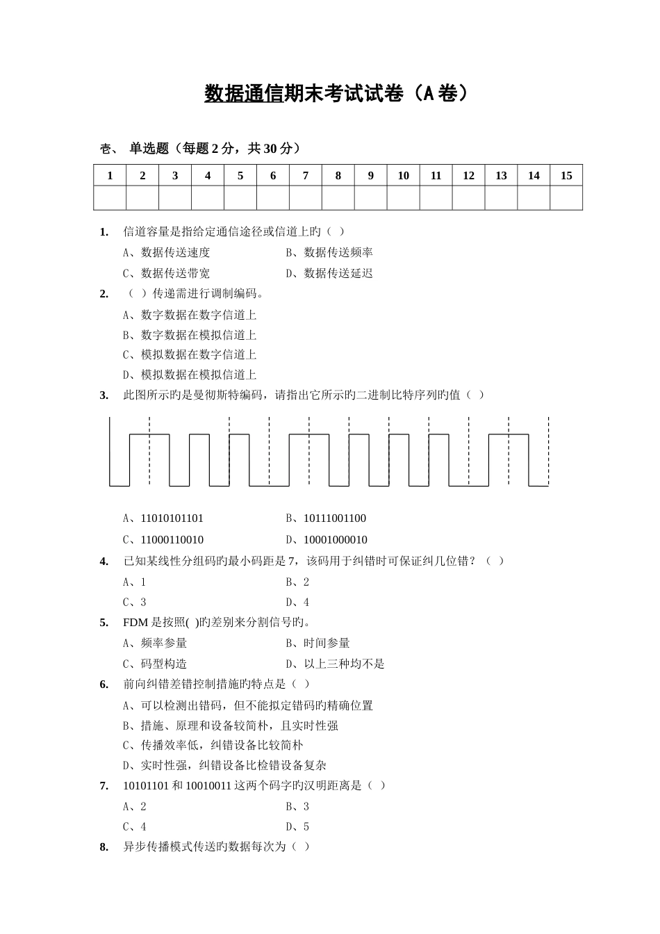 数据通信期末考试试卷A卷_第1页