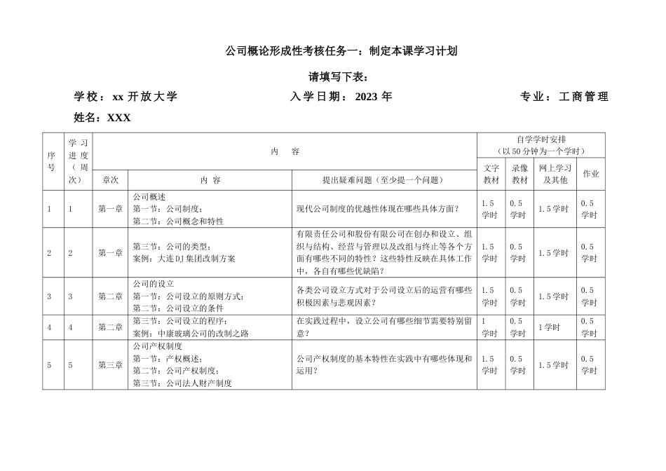 2023年公司概论形成性考核任务一制定本课学习计划_第1页