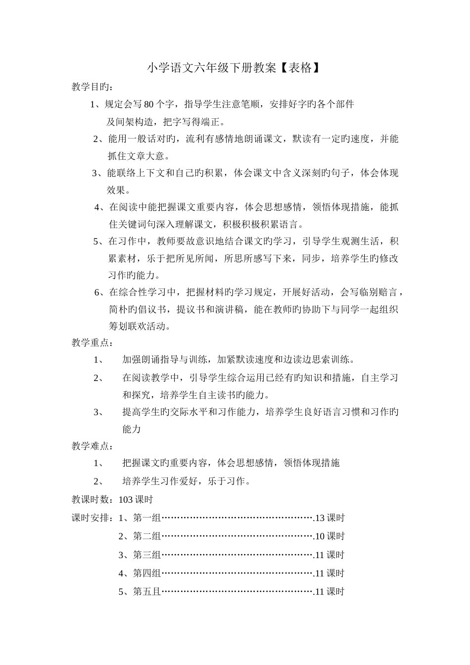 2023年人教版六年级下册语文全册教案表格式_第1页