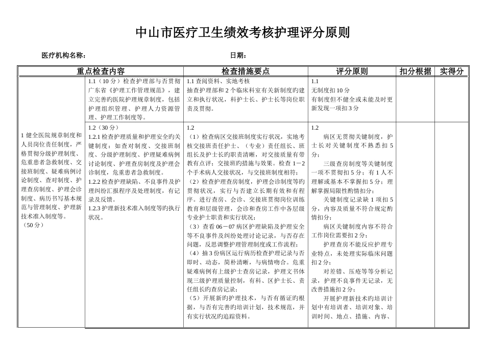 中山市医疗卫生绩效考核护理评分标准_第1页