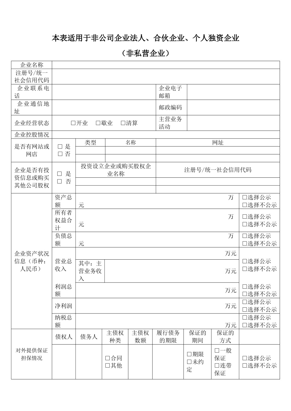 非私营其他企业工商登记年度报告书（模板）_第1页