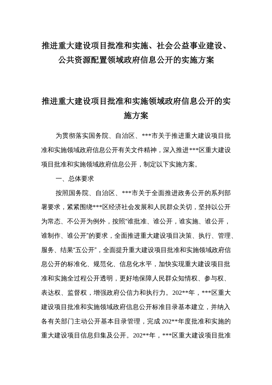 推进重大建设项目批准和实施、社会公益事业建设、公共资源配置领域政府信息公开的实施方案_第1页