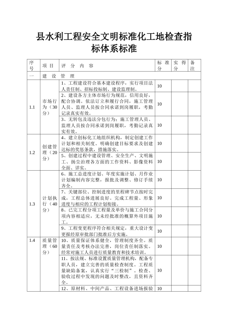 水利工程安全文明标准化工地检查指标体系标准_第1页