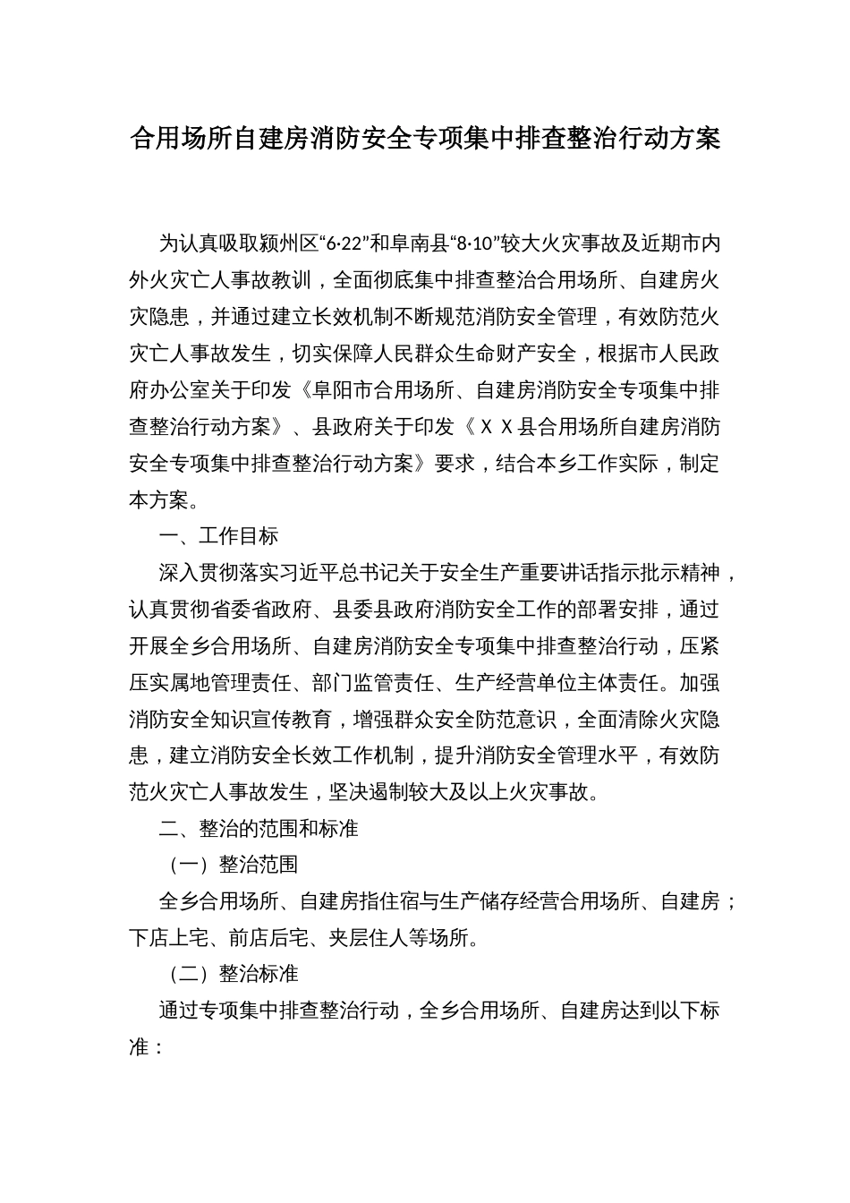 合用场所自建房消防安全专项集中排查整治行动方案_第1页