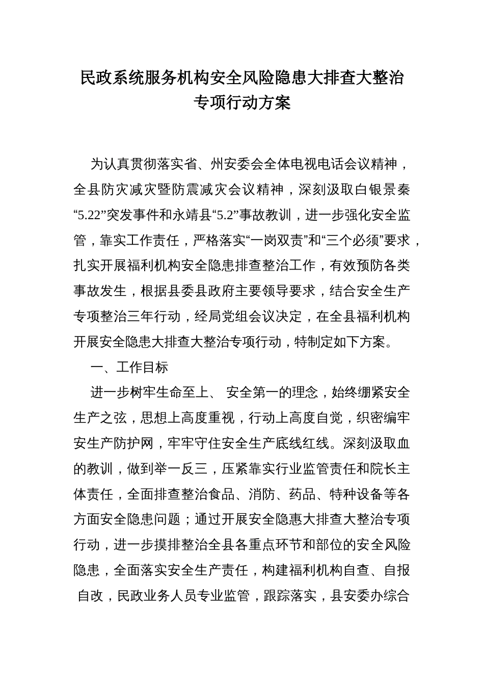 民政系统服务机构安全风险隐患大排查大整治专项行动方案_第1页