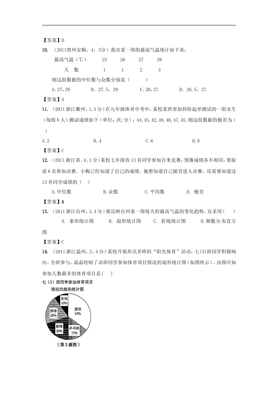 中考数学试题分类15 数据的集中趋势与离散程度_第3页