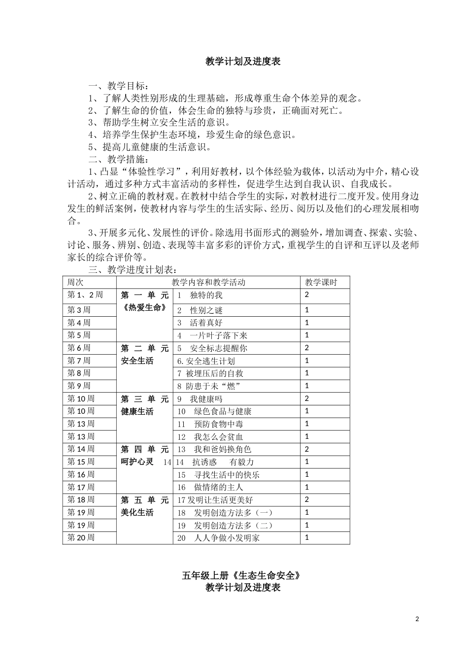 小学五年级上册生态生命安全教案[共19页]_第2页