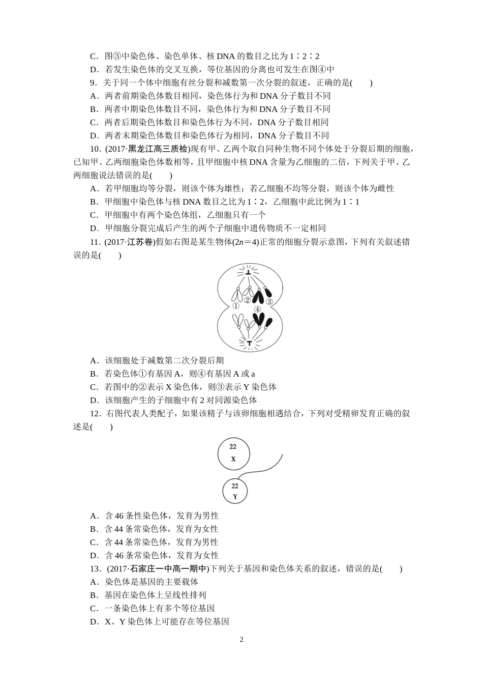 人教版高中生物必修二第2章基因和染色体的关系单元测试题含答案_第2页