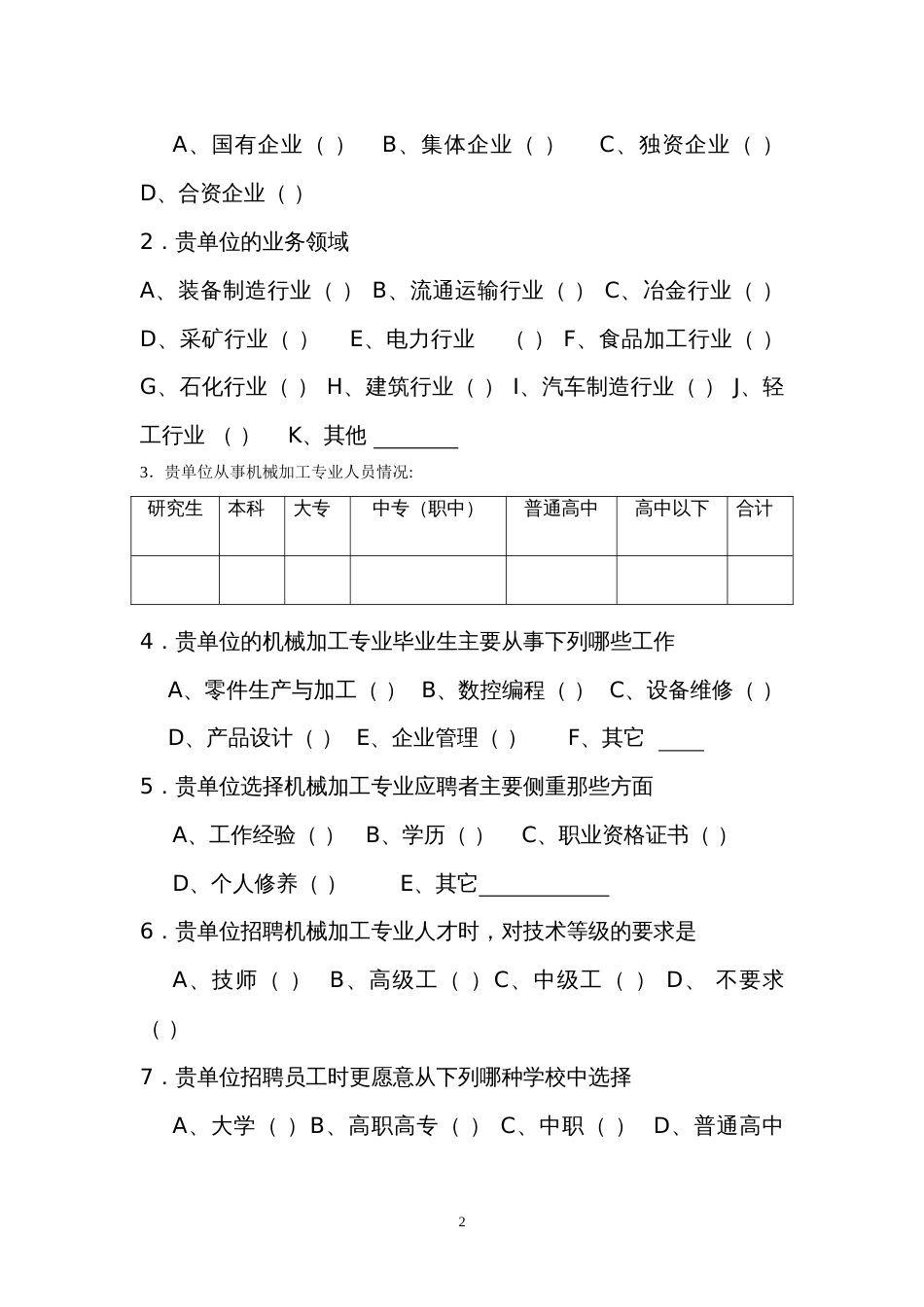 机械加工技术专业人才需求调查问卷正式_第2页