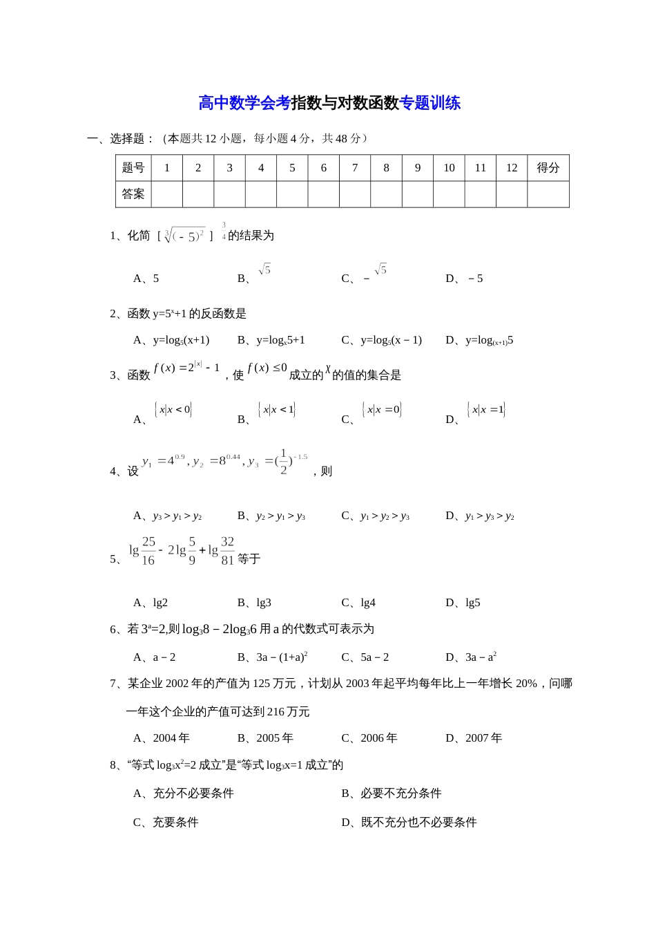 高中数学会考——指数与对数函数专题训练_第1页