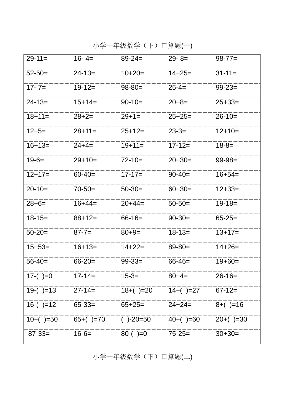 小学一年级下册数学口算题卡及口算天天练精品汇集100以内和20以内加减[共39页]_第1页