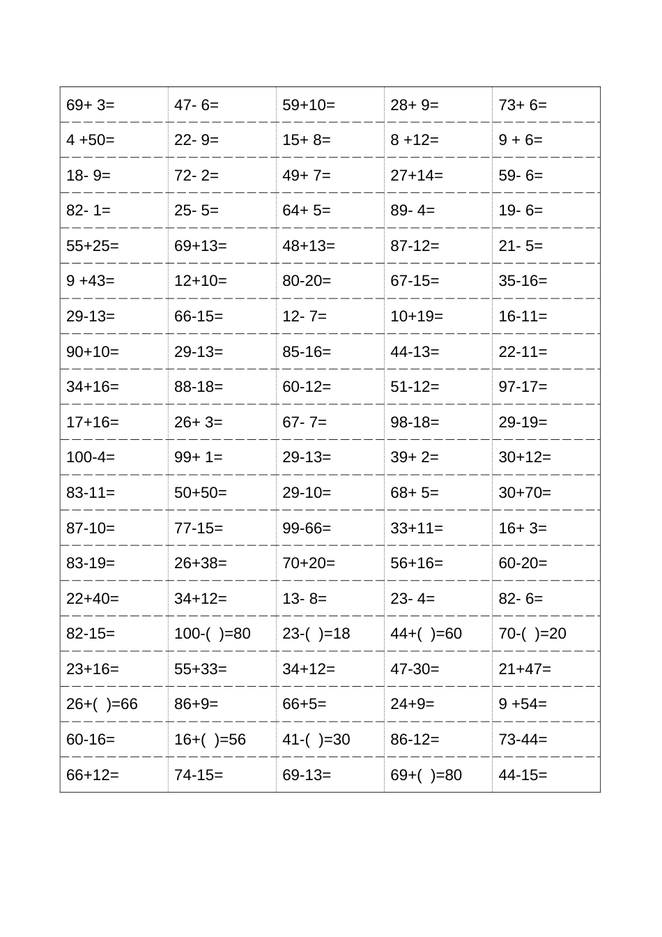 小学一年级下册数学口算题卡及口算天天练精品汇集100以内和20以内加减[共39页]_第2页