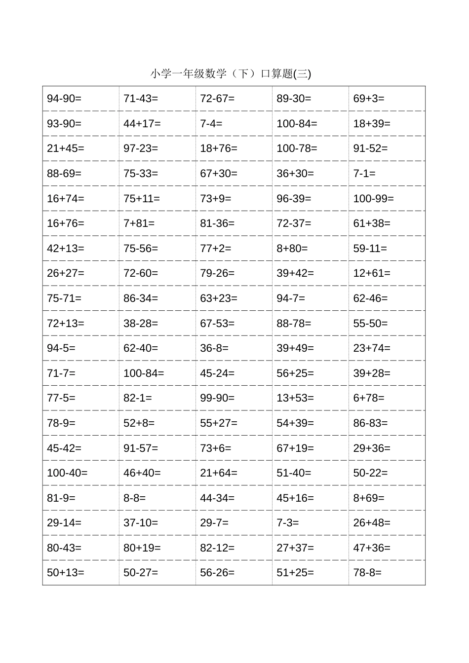 小学一年级下册数学口算题卡及口算天天练精品汇集100以内和20以内加减[共39页]_第3页