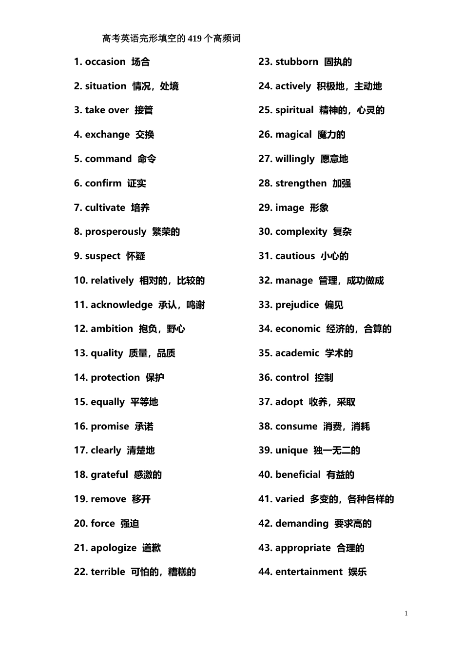 高考英语完形填空的419个高频词[10页]_第1页