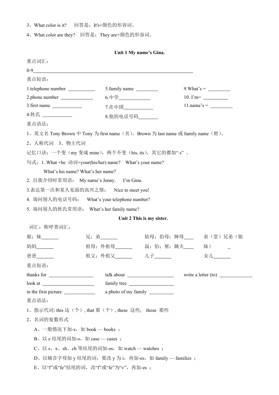 新人教版七年级英语上册知识点总结及配套习题_第2页