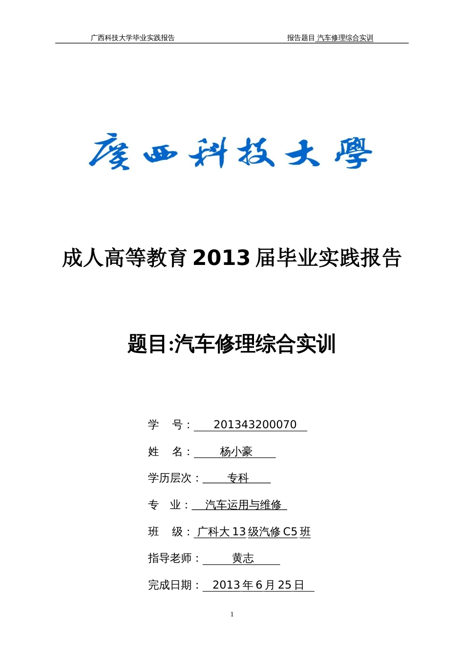 汽车运用与维修专业专科毕业实践报告杨小豪_第1页