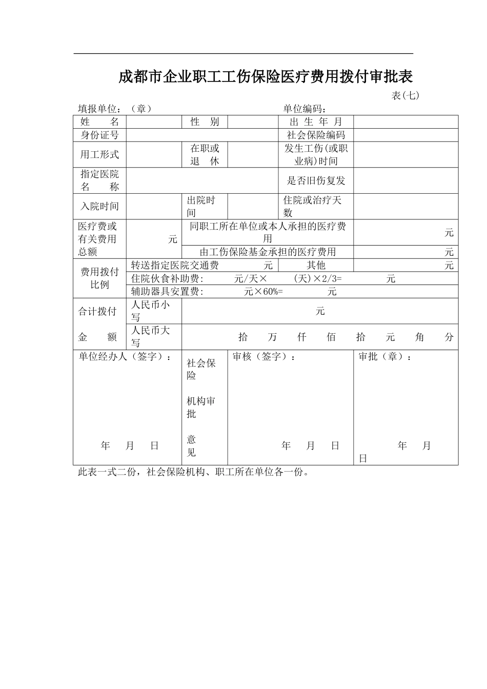 成都市企业职工工伤保险医疗费用拨付审批表_第1页