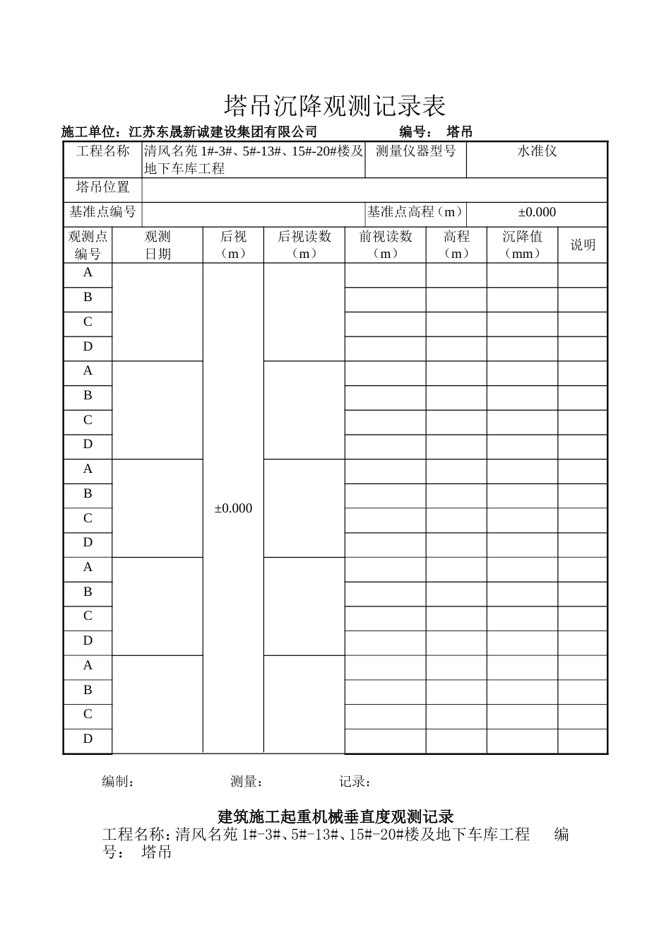 塔吊沉降观测记录表[共3页]_第1页