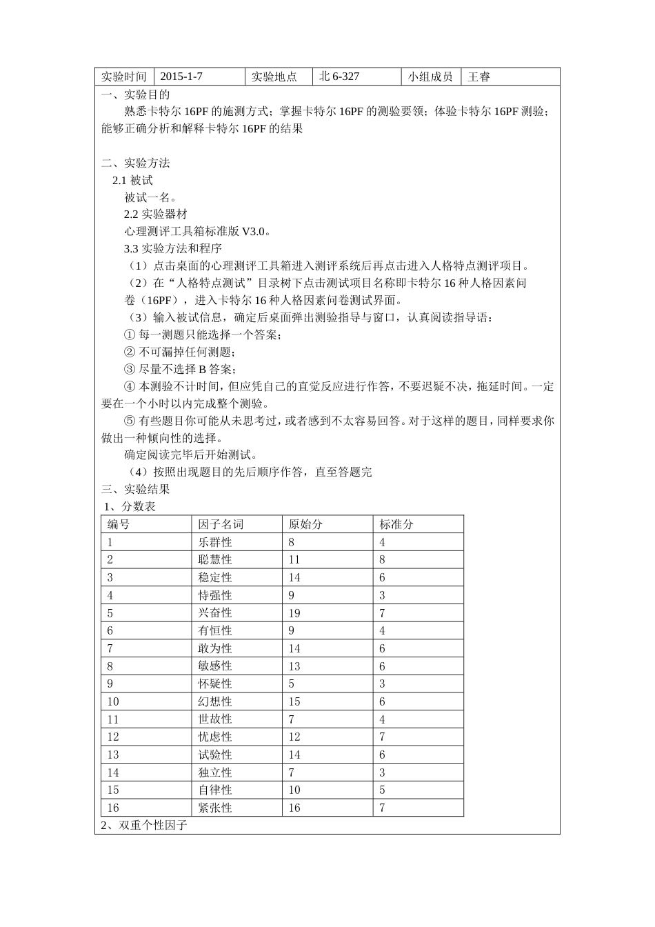 实验报告7——卡特尔十六种人格测验_第2页