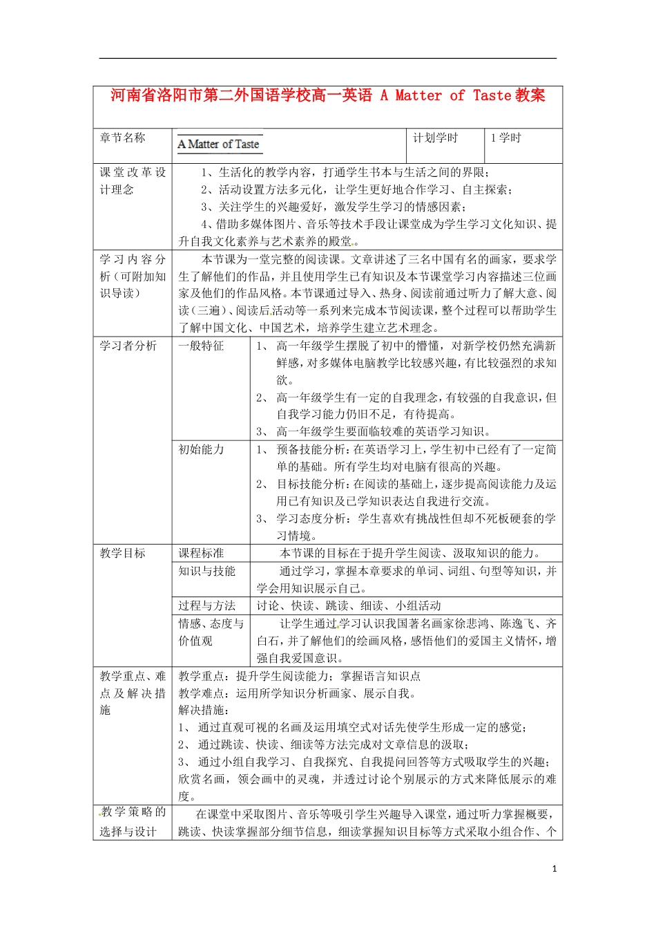 河南省洛阳市第二外国语学校高一英语AMatterofTaste教案_第1页