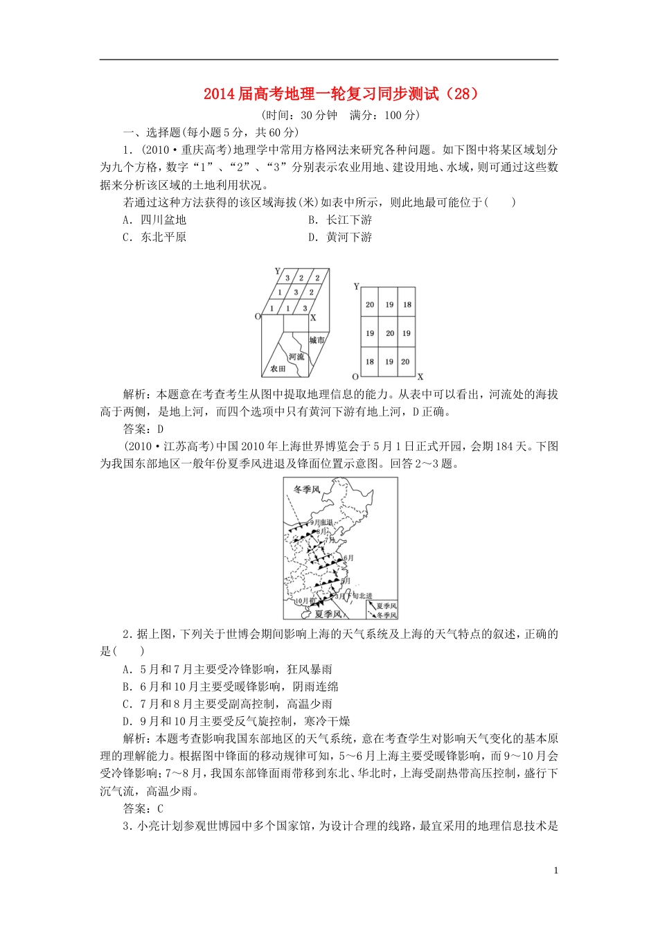 高考地理一轮复习同步测试(28)地理信息技术在区域地理环境研究中的应用(含解析)新人教版_第1页