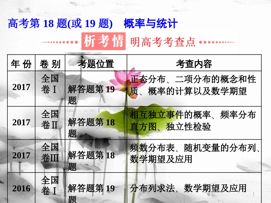 （通用版）高考数学二轮复习 练酷专题 高考第18题（或19题）概率与统计课件 理(1)_第1页