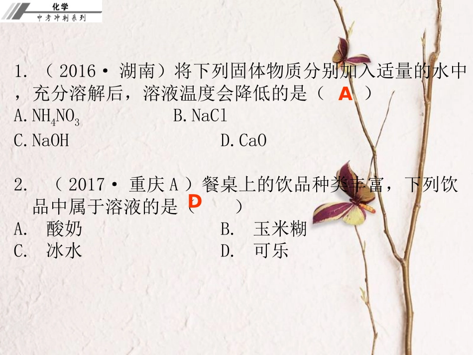 中考化学冲刺 第12讲 溶液 溶液的浓度习题课件_第2页