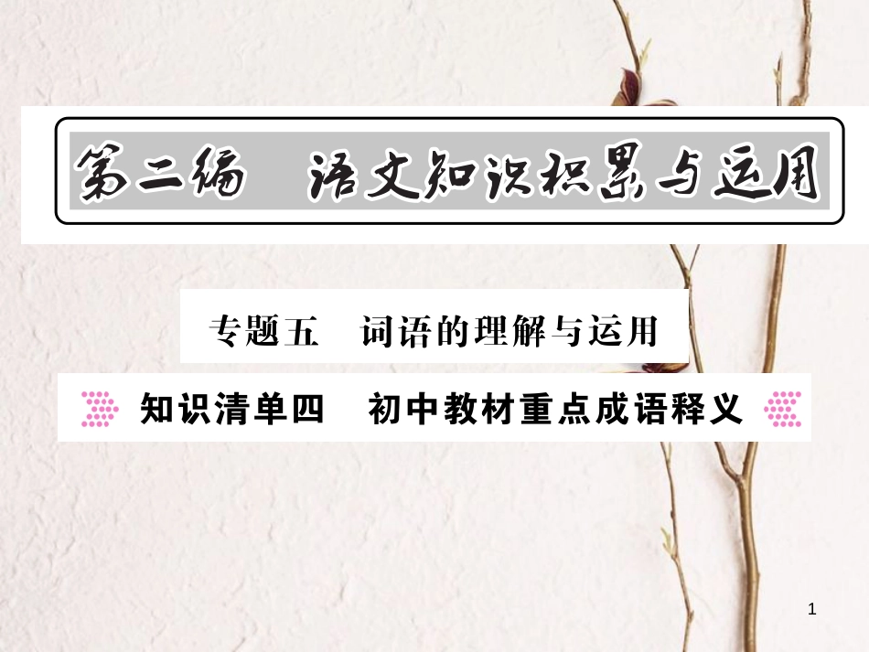 中考语文总复习 第2编 语文知识积累与运用 专题五 词语的理解与运用 知识清单四 初中教材重点成语释义课件 语文版_第1页