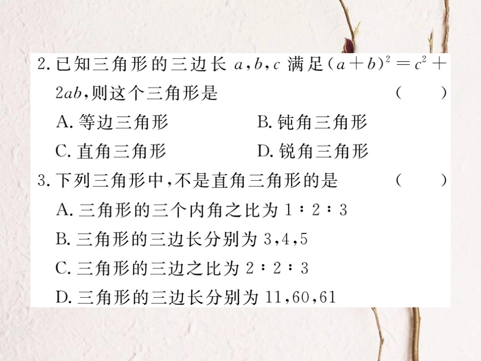 江西省八年级数学下册 第十七章 勾股定理 17.2 勾股定理的逆定理 第1课时 勾股定理的逆定理练习课件 （新版）新人教版_第3页