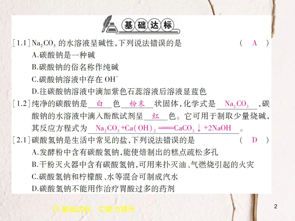 九年级化学下册 第11单元 盐 化肥 课题1 生活中常见的盐（课时2）碳酸钠、碳酸氢钠、碳酸钙习题课件 （新版）新人教版(1)_第2页