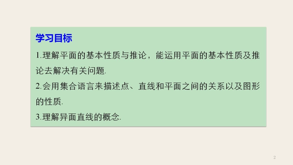 高中数学 第一章 立体几何初步 1.2.1 平面的基本性质与推论课件 新人教B版必修2_第2页