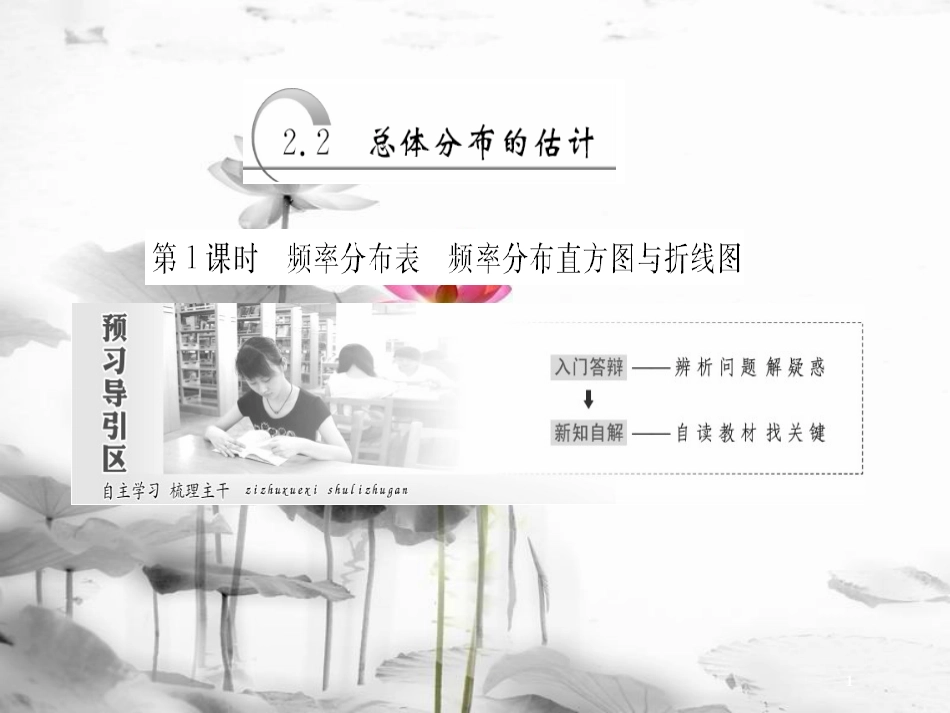 高中数学 第2章 统计 2.2 总体分布的估计 第1课时 频率分布表 频率分布直方图与折线图课件 苏教版必修3(1)_第1页