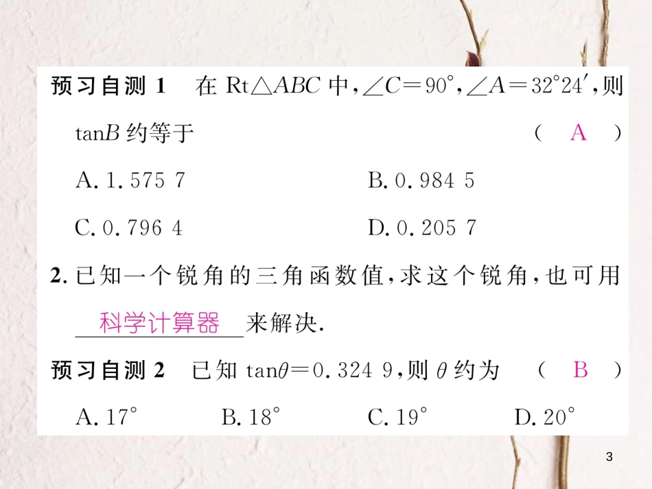 九年级数学下册 第28章 锐角三角形函数 28.1 锐角三角函数（第4课时）用计算器求三角函数值及锐角大小作业课件 （新版）新人教版(1)_第3页