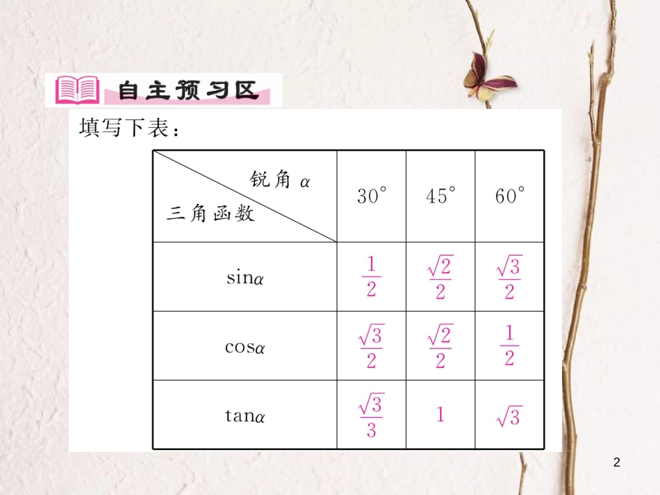 九年级数学下册 第28章 锐角三角形函数 28.1 锐角三角函数（第3课时）特殊角的三角函数值作业课件 （新版）新人教版_第2页