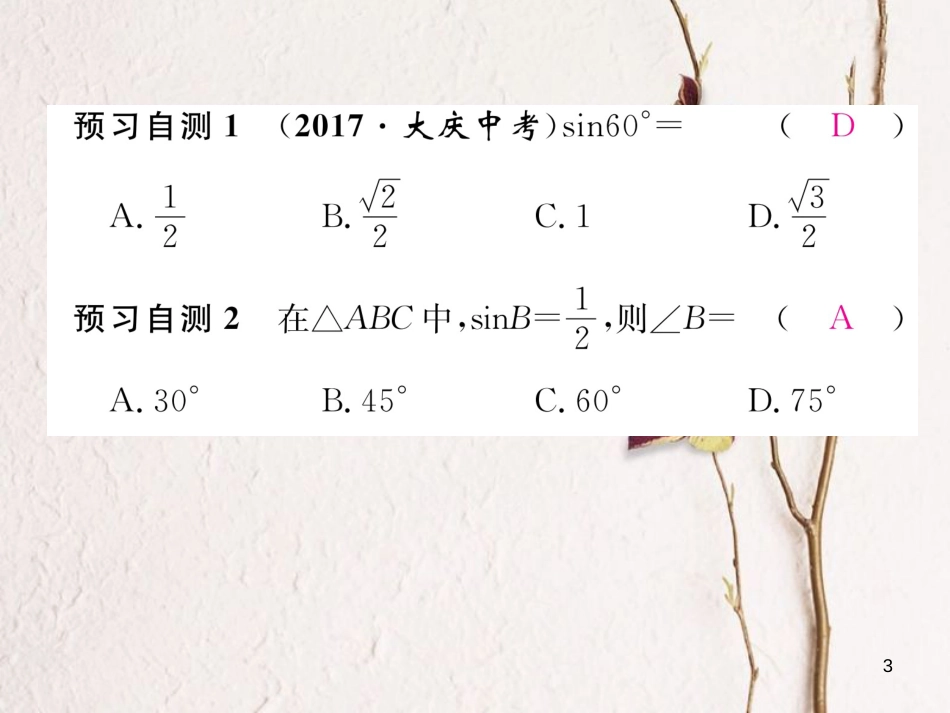 九年级数学下册 第28章 锐角三角形函数 28.1 锐角三角函数（第3课时）特殊角的三角函数值作业课件 （新版）新人教版_第3页