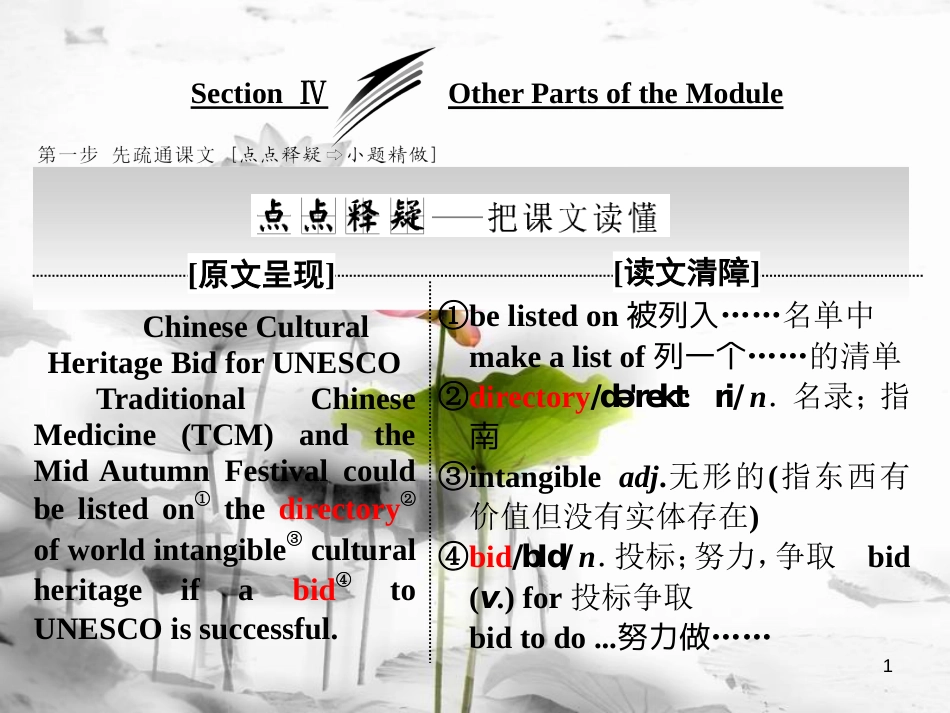 高中英语 Module 6 The World’s Cultural Heritage Section Ⅳ Other Parts of the Module课件 外研版选修7_第1页