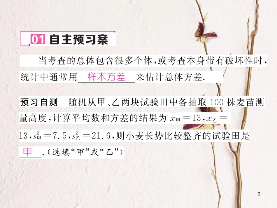 （云南专版）八年级数学下册 第20章 数据的分析 20.2 数据的波动程度 第2课时 运用方差解决问题作业课件 （新版）新人教版_第2页