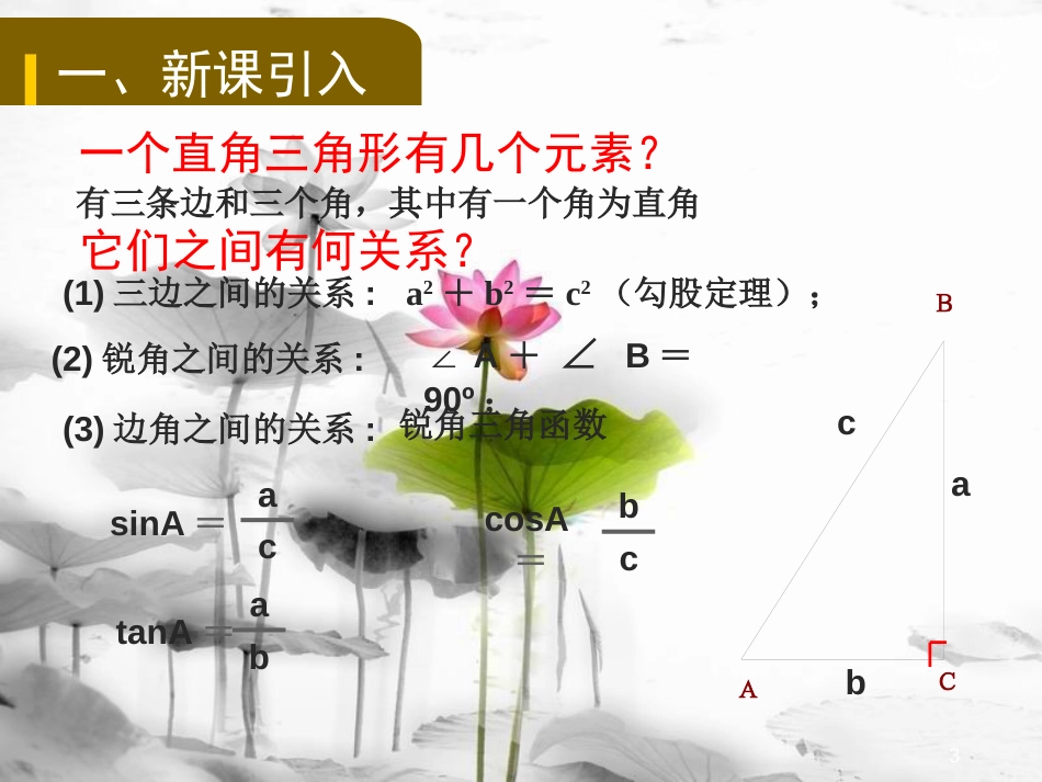 九年级数学下册 第二十八章 锐角三角函数 28.2 解直角三角形及其应用 28.2.1 解直角三角形教学课件 （新版）新人教版_第3页