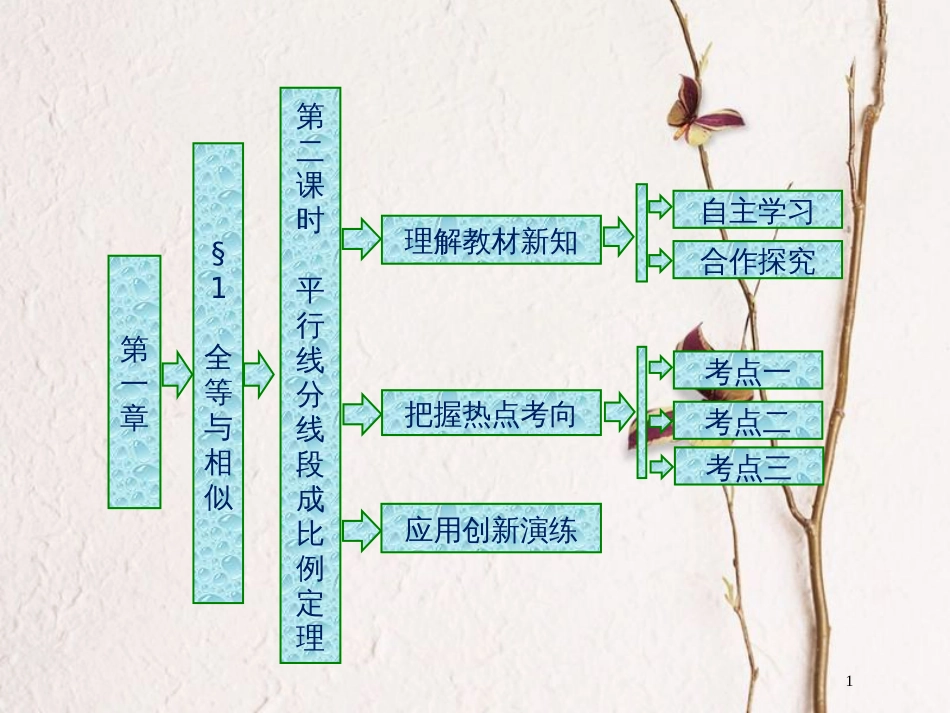 高中数学 第一章 直线、多边形、圆 1 第二课时 平行线分线段成比例定理课件 北师大版选修4-1_第1页