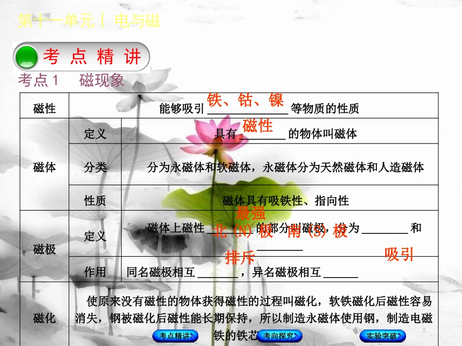 届中考物理复习 第十一单元 电与磁 第26课时 磁现象 磁场 电生磁课件_第2页