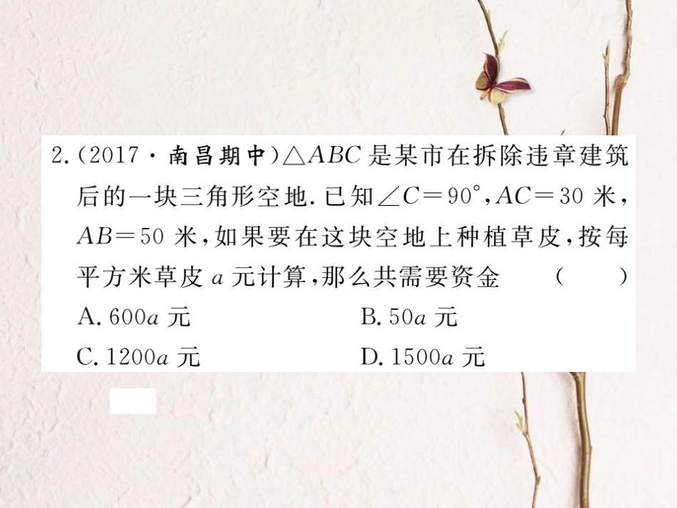 江西省八年级数学下册 第十七章 勾股定理 17.1 勾股定理 第2课时 勾股定理在实际生活中的应用练习课件 （新版）新人教版_第3页